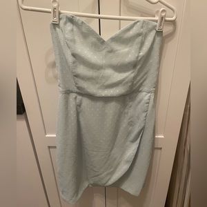 Superdown light baby blue strapless dress.